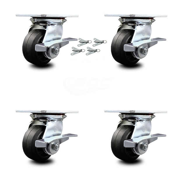 4 Inch Rubber on Steel Caster Set with Ball Bearings and Brakes/Swivel Locks SCC